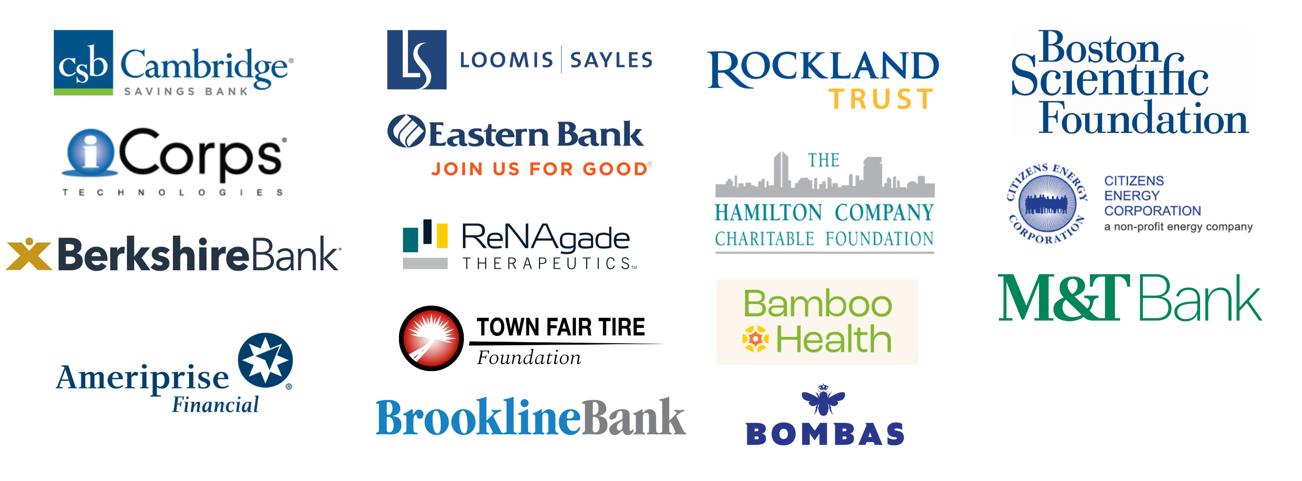 Logos of corporate supporters: Cambridge Trust, Loomis Sayles, Ameriprise Financial, iCorps, Citizens Energy, Town Fair Tire, Boston Scientific, Bamboo Health, ReNAgade Therapeutics, Rockland Trust, Eastern Bank, Berkshire Bank, Hamilton Company, Bombas Socks, Brookline Bank