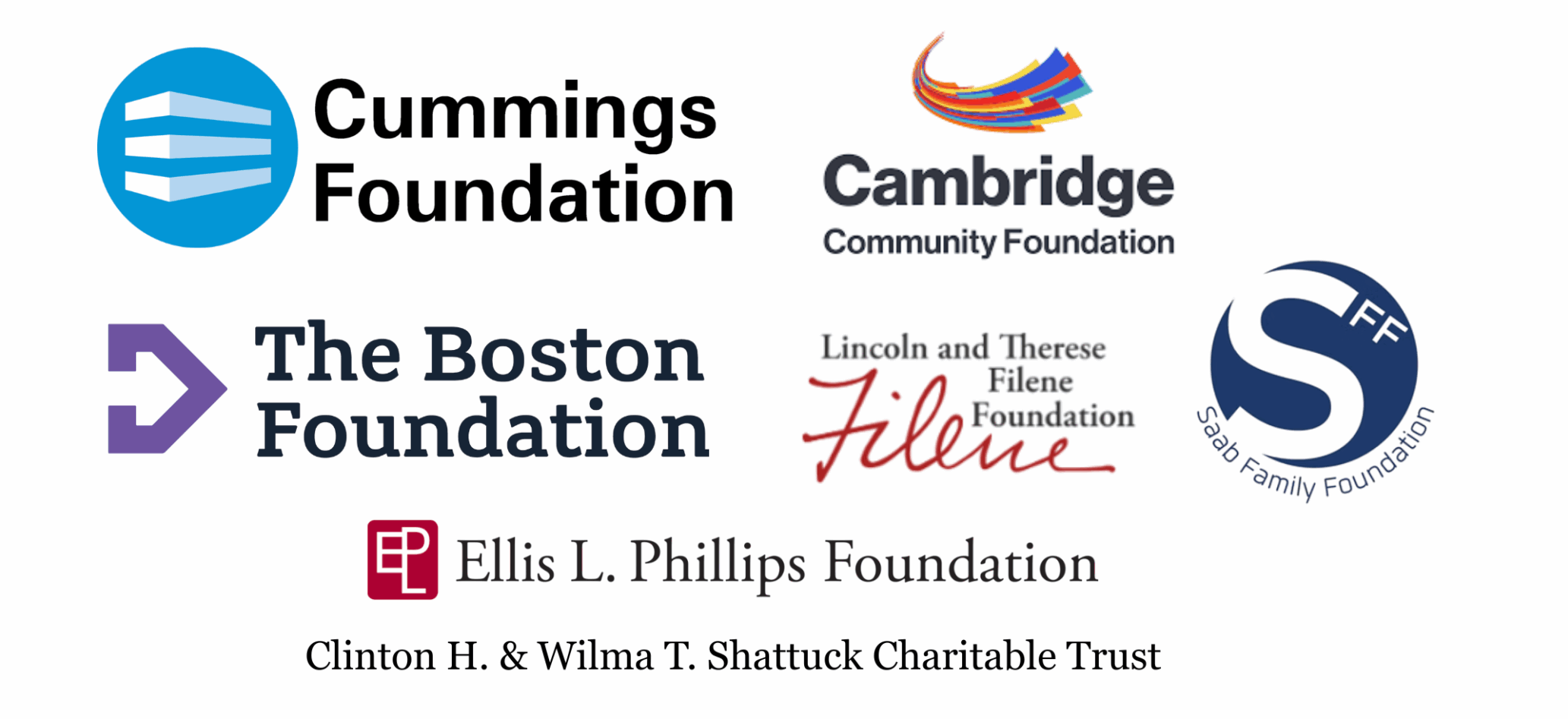 Cummings Foundation, The Boston Foundation, Ellis L. Phillips Foundation, Cambridge Community Foundation, Filene Foundation, Saab Family Foundation, Clinton H. & Wilma T. Shattuck Charitable Trust
