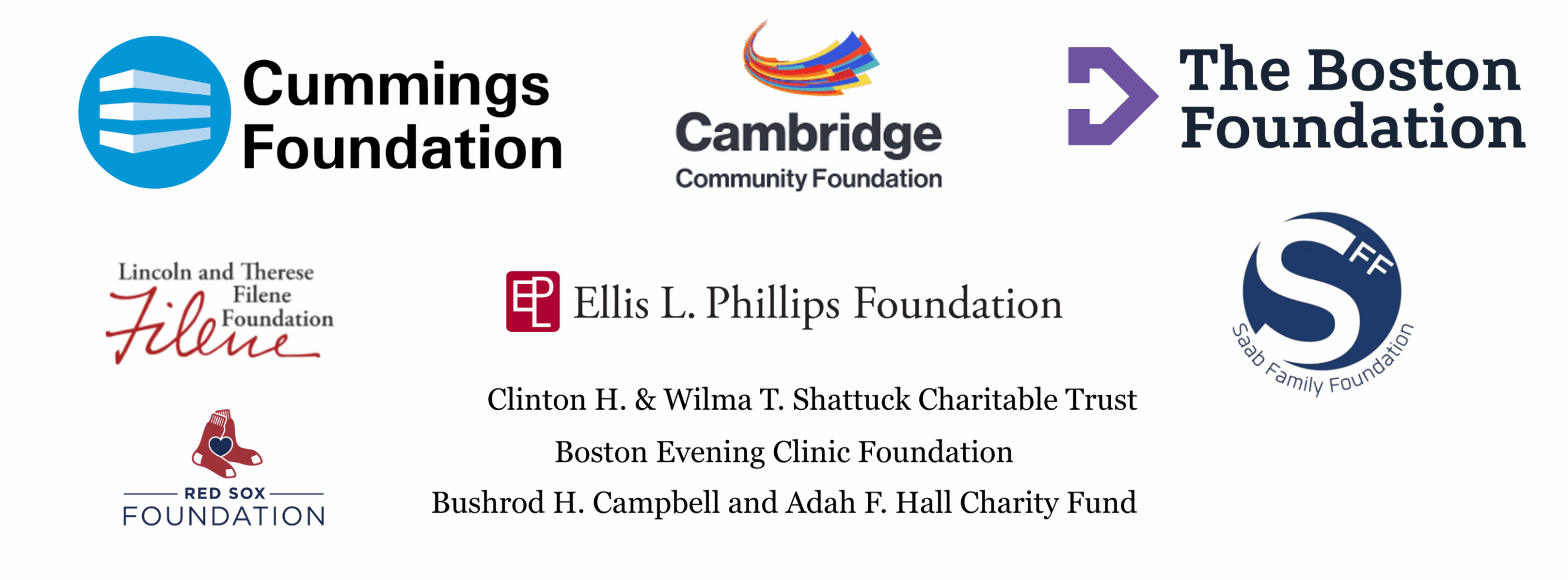 Cummings Foundation, The Boston Foundation, Ellis L. Phillips Foundation, Cambridge Community Foundation, Filene Foundation, Saab Family Foundation, Clinton H. & Wilma T. Shattuck Charitable Trust, Red Sox Foundation, Boston Evening Clinic Foundation, Bushrod H. Campbell and Adah F. Hall Charity Fund