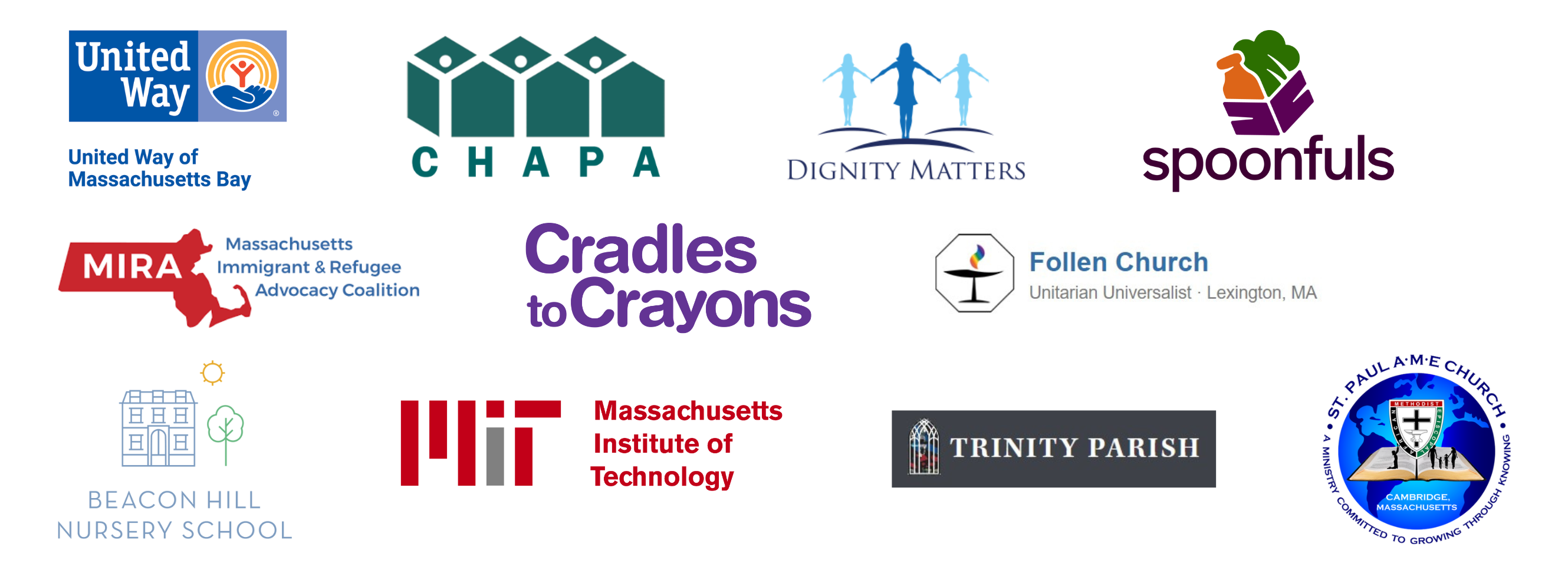 Logos of organization partners and supporters: United Way of Mass Bay, CHAPA, Dignity Matters, Spoonfuls, MIRA, Cradles to Crayons, Follen Church, Beacon Hill Nursery School, MIT, Trinity Parish, St. Paul AME Church